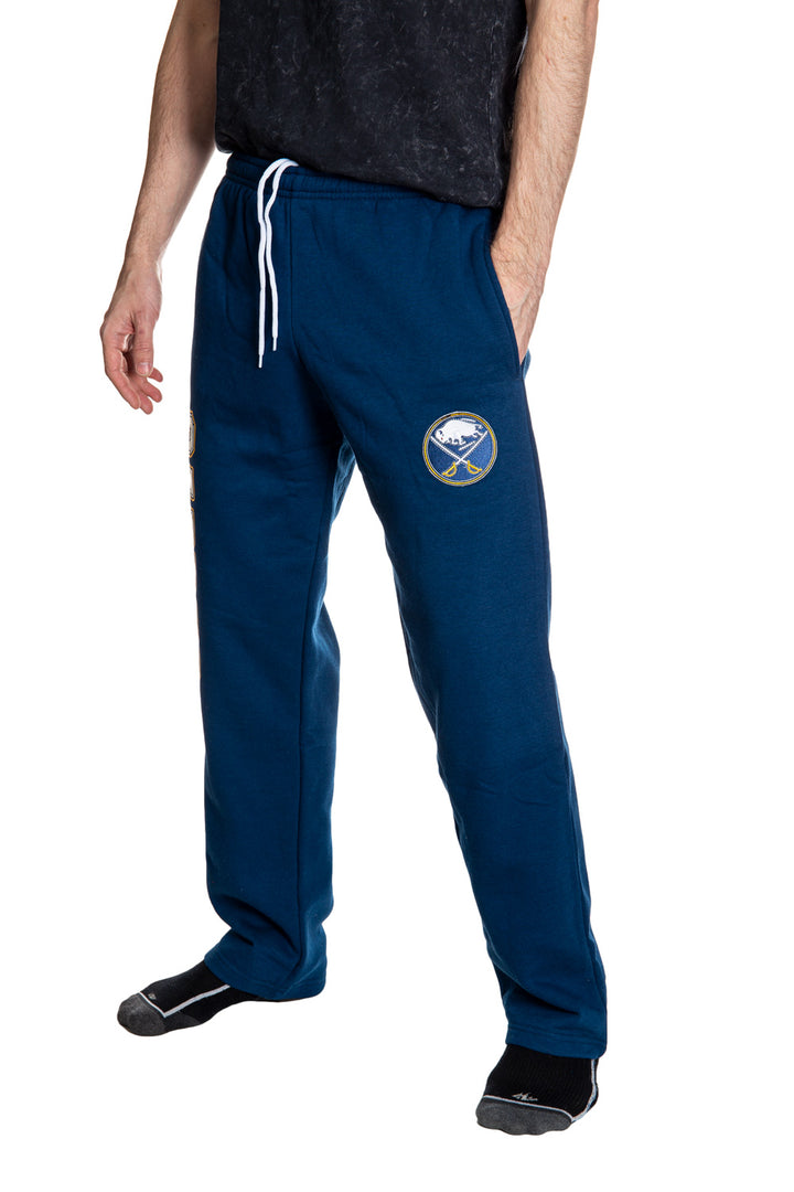 Buffalo Sabres Premium Fleece Sweatpants Side View of Embroidered Logo.