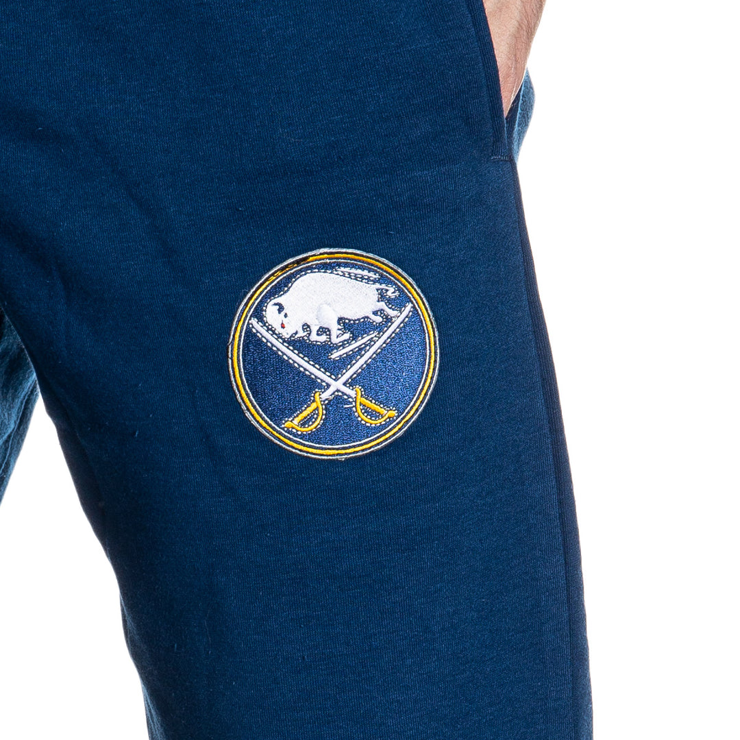 Buffalo Sabres Premium Fleece Sweatpants Embroidered Logo Close-Up.