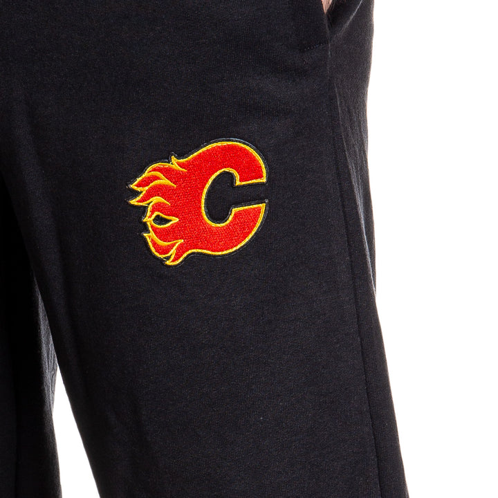 Calgary Flames Premium Fleece Sweatpants Close Up of Embroidered Logo.