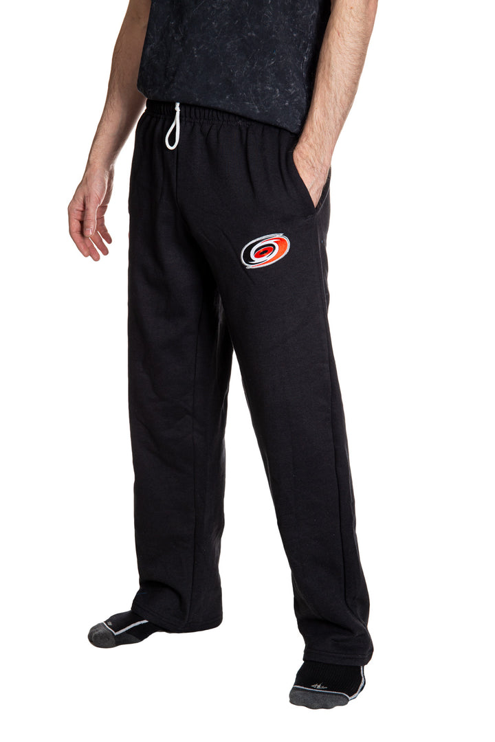 Carolina Hurricanes Premium Fleece Sweatpants Side View Of Embroidered Logo. 