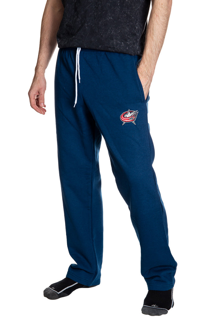 Columbus Blue Jackets Premium Fleece Sweatpants Side View of Embroidered Logo.