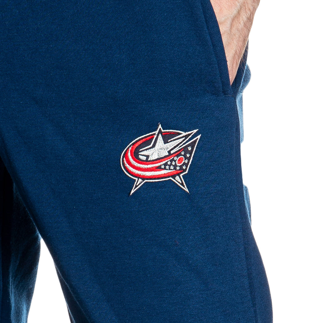 Columbus Blue Jackets Premium Fleece Sweatpants Close Up Of Embroidered Logo.