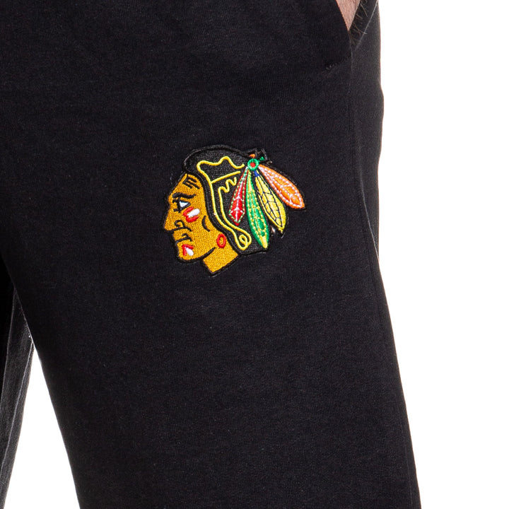Chicago Blackhawks Premium Fleece Sweatpants Embroidered Logo Close-Up.