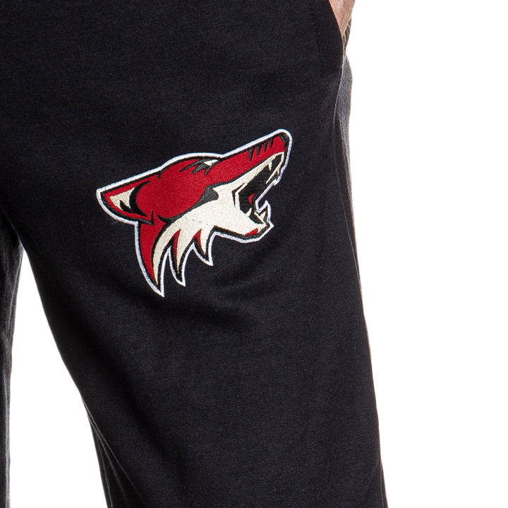 Arizona Coyotes Premium Fleece Sweatpants Close Up of Embroidered Logo.