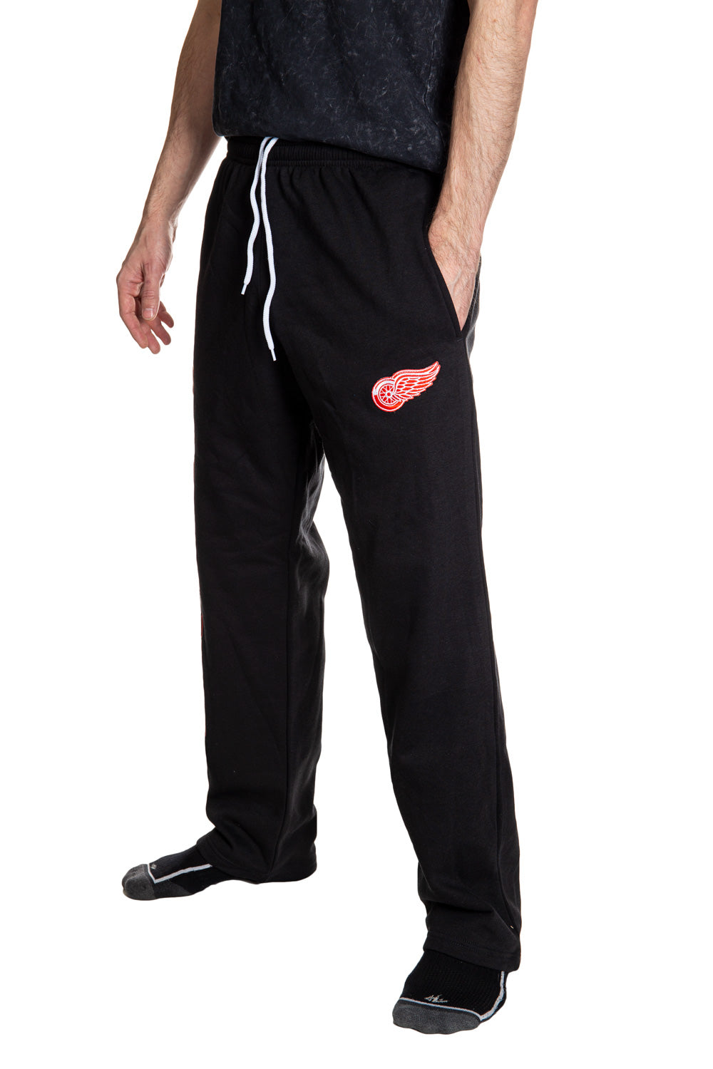 Detroit Red Wings Premium Fleece Sweatpants Side View of Embroidered Logo.