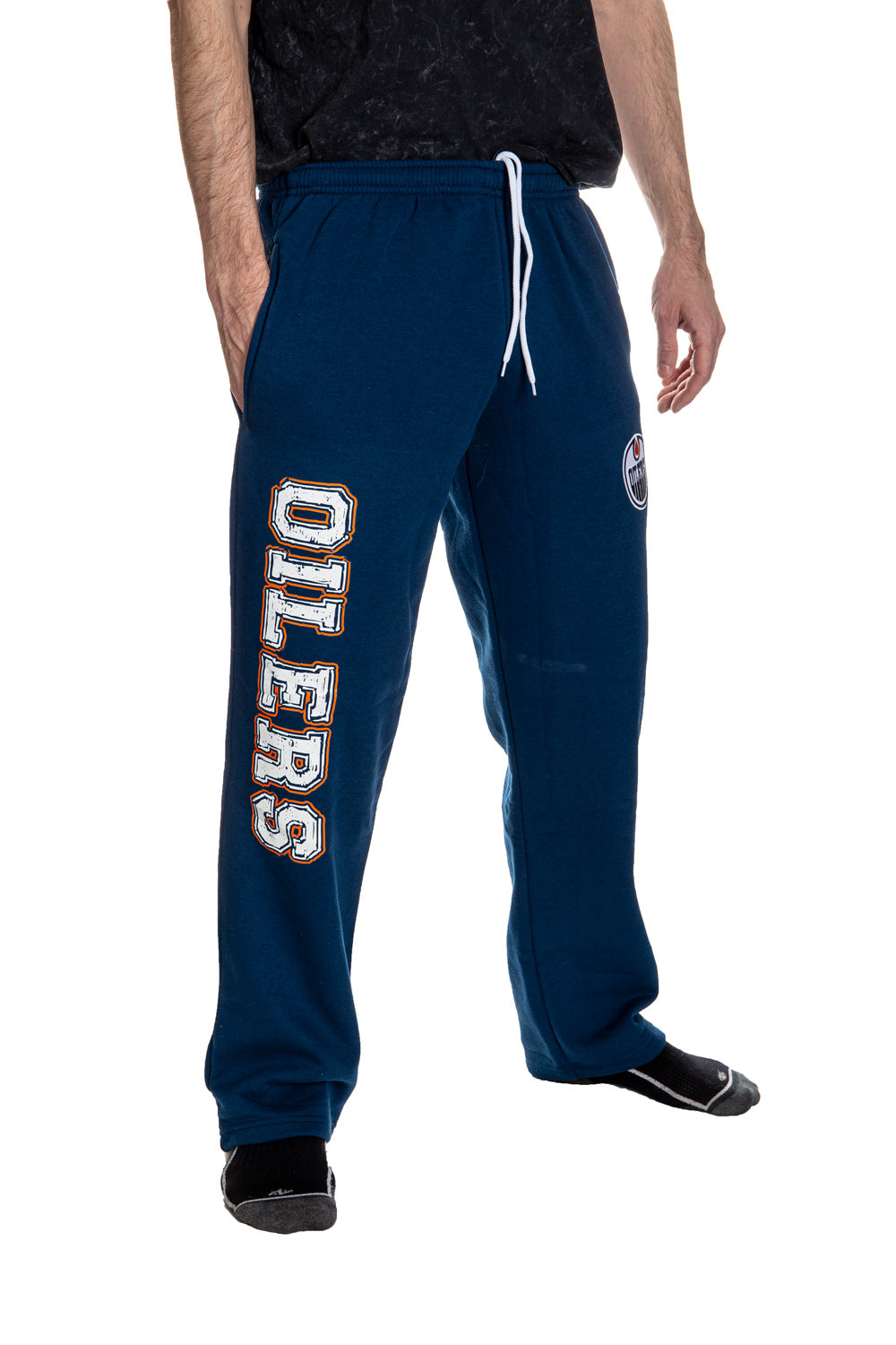 Edmonton Oilers Premium Fleece Sweatpants Side View of Oilers Print.