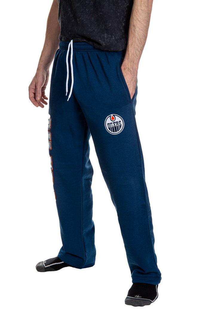 Edmonton Oilers Premium Fleece Sweatpants Side View Of Embroidered Logo.