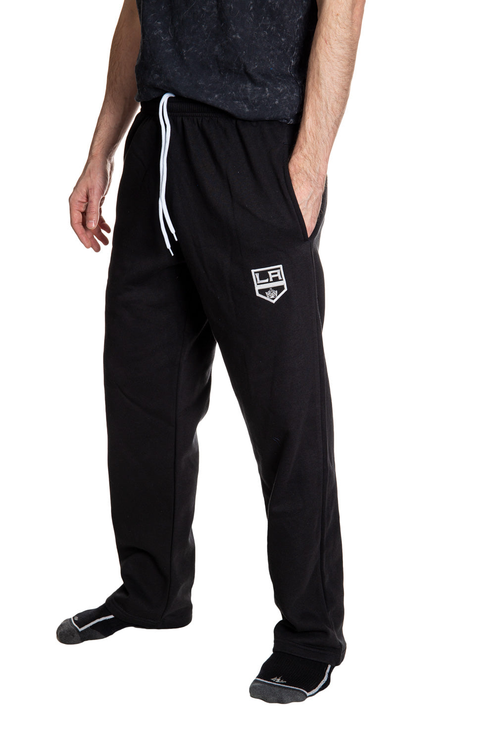 Los Angeles Kings Premium Fleece Sweatpants Side View of Embroidered Logo.