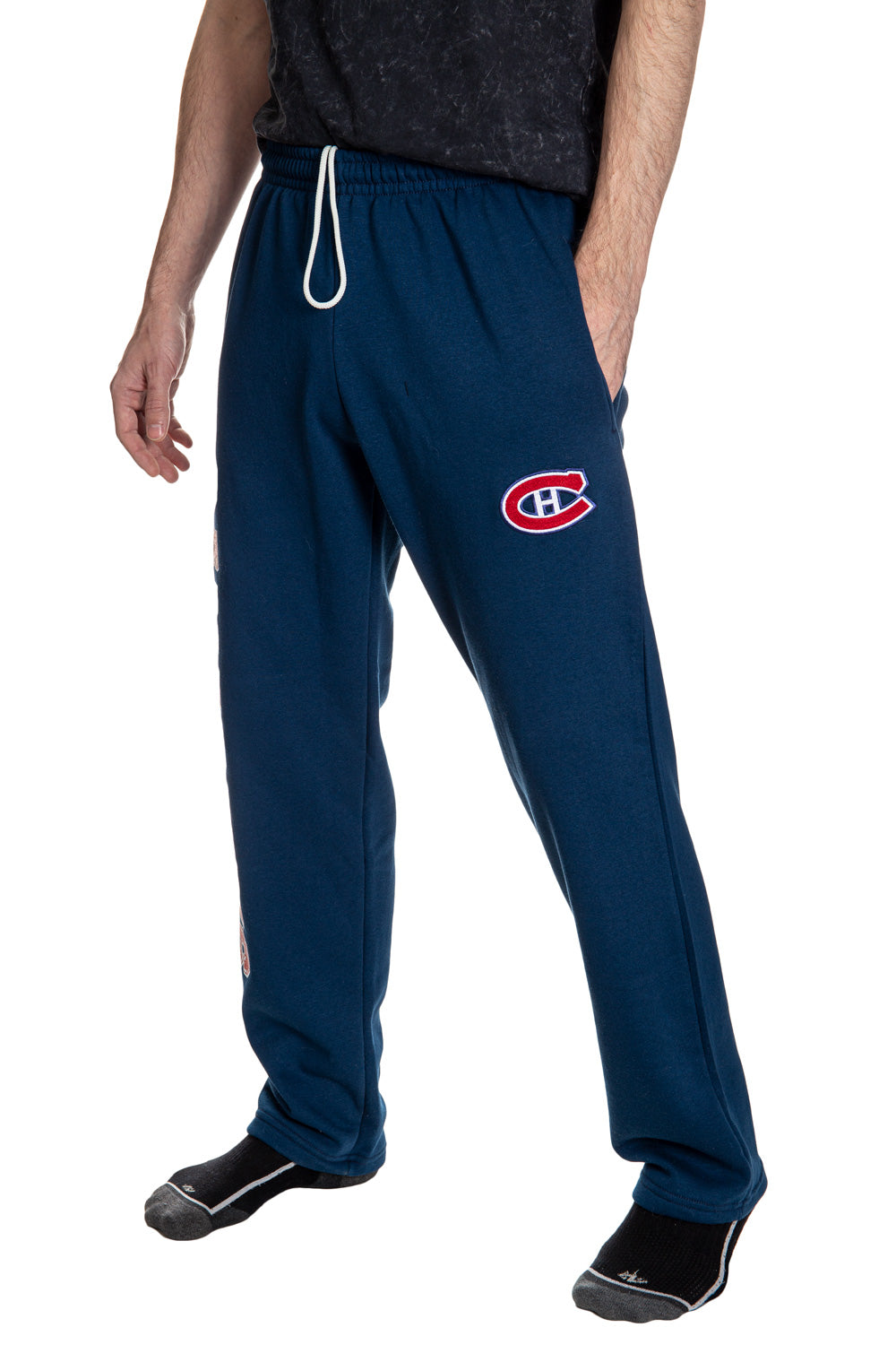 Montreal Canadiens Premium Fleece Sweatpants Side View of Embroidered Logo.