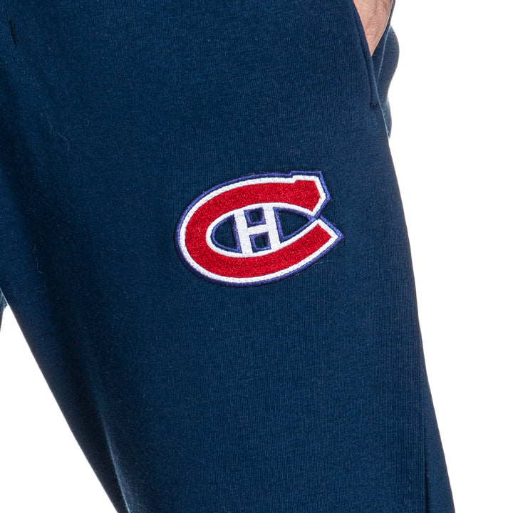 Montreal Canadiens Premium Fleece Sweatpants Embroidered Logo Close Up.
