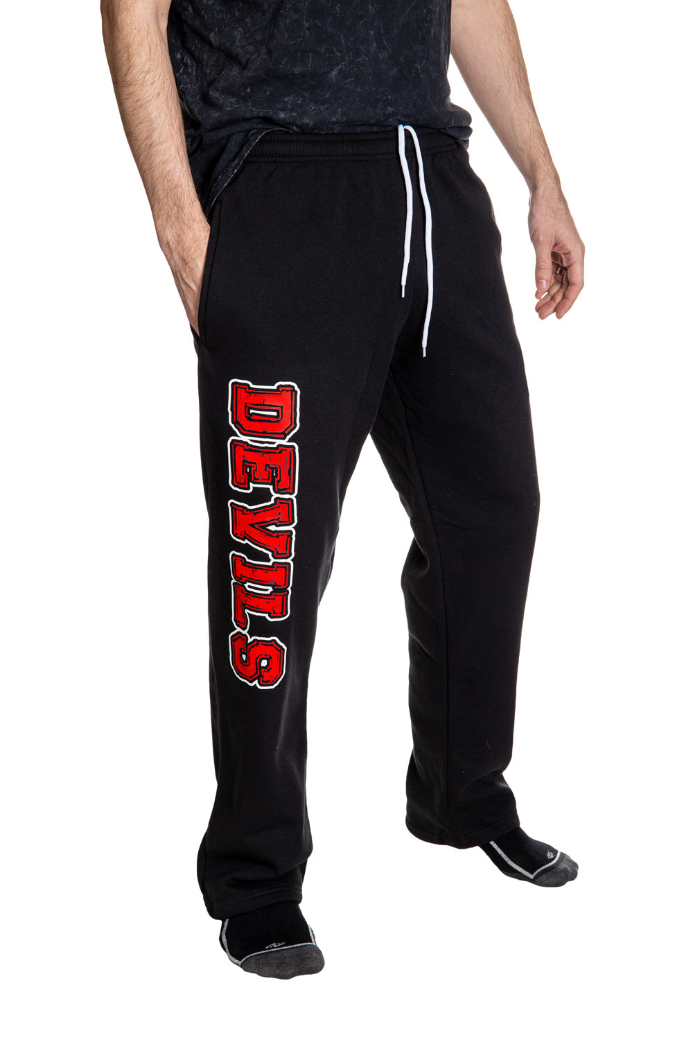 New Jersey Devils Premium Fleece Sweatpants Side View Of Devils Print On Leg.