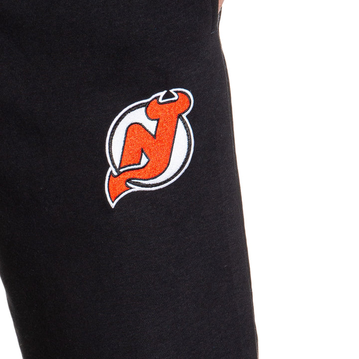 New Jersey Devils Premium Fleece Sweatpants Close Up of Embroidered Logo.