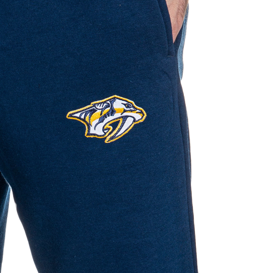 Nashville Predators Premium Fleece Sweatpants Close Up of Embroidered Logo.
