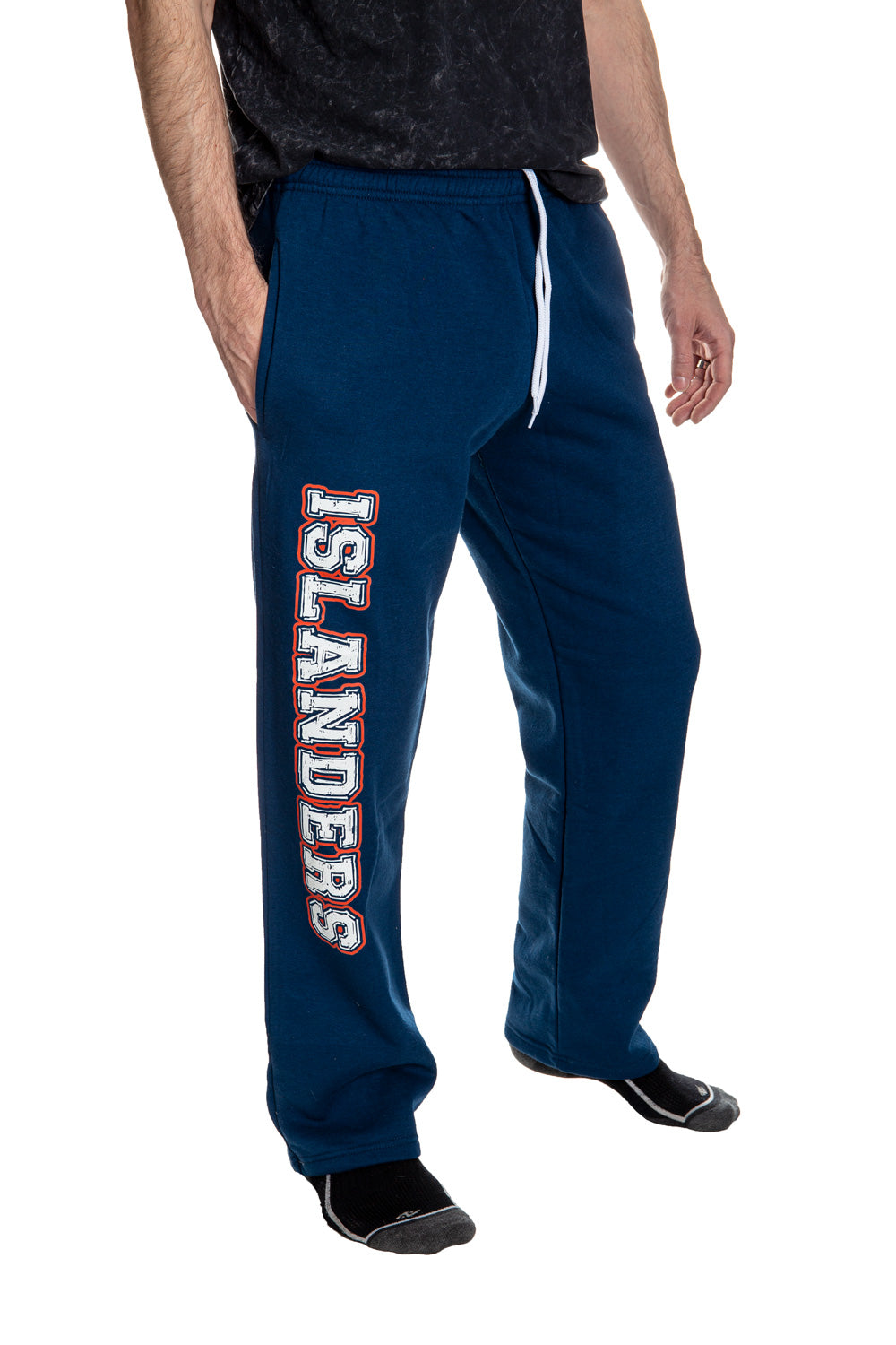 New York Islanders Premium Fleece Sweatpants Side View of Islanders Print.