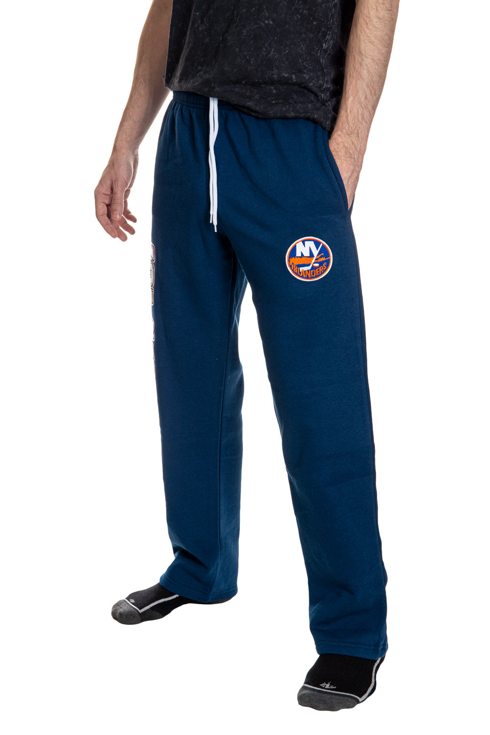 New York Islanders Premium Fleece Sweatpants Side View Embroidered Logo.