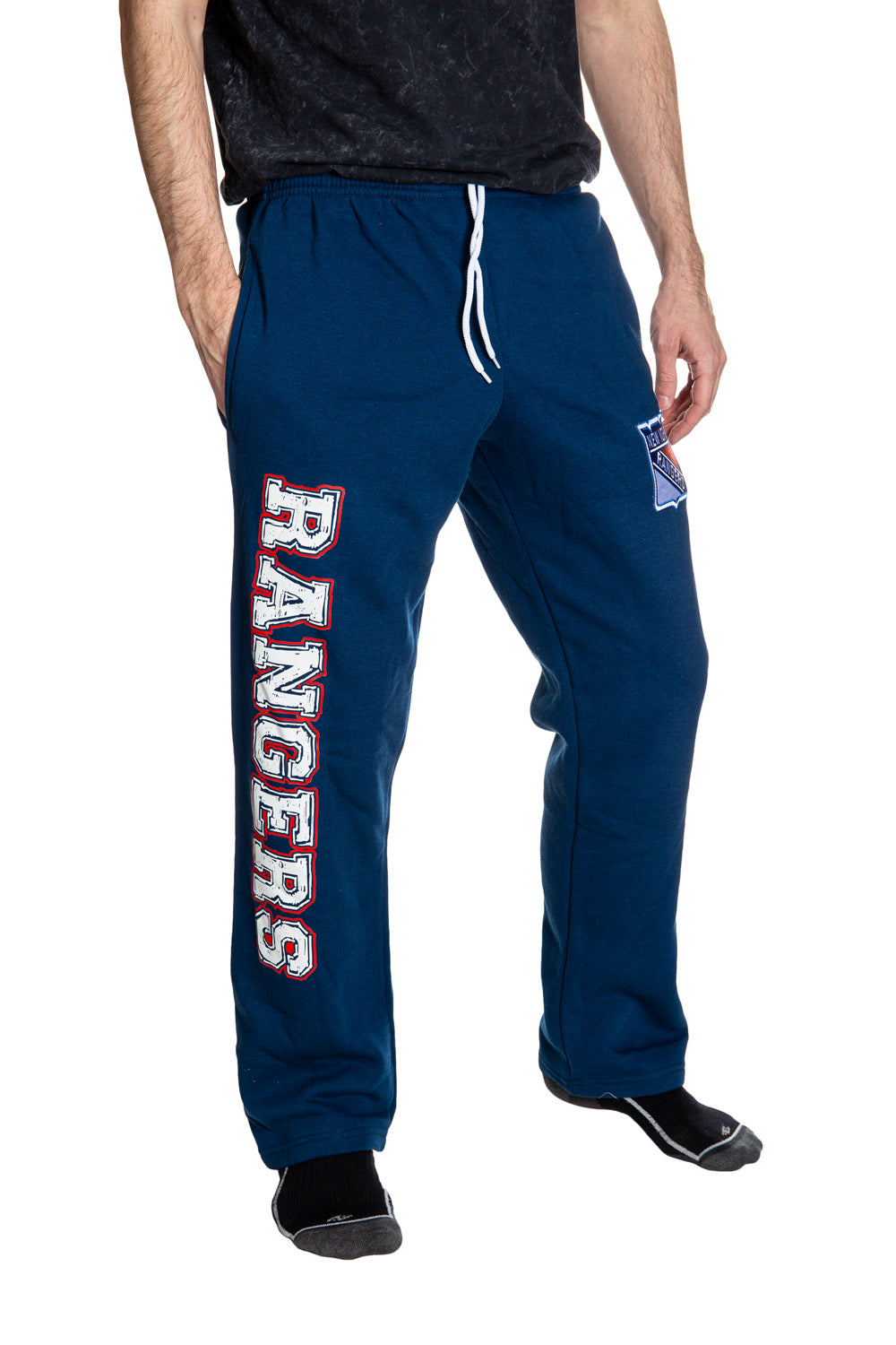 New York Rangers Premium Fleece Sweatpants Side View of Rangers Print.