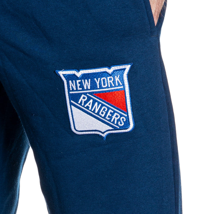 New York Rangers Premium Fleece Sweatpants Close Up Of Embroidered Logo.