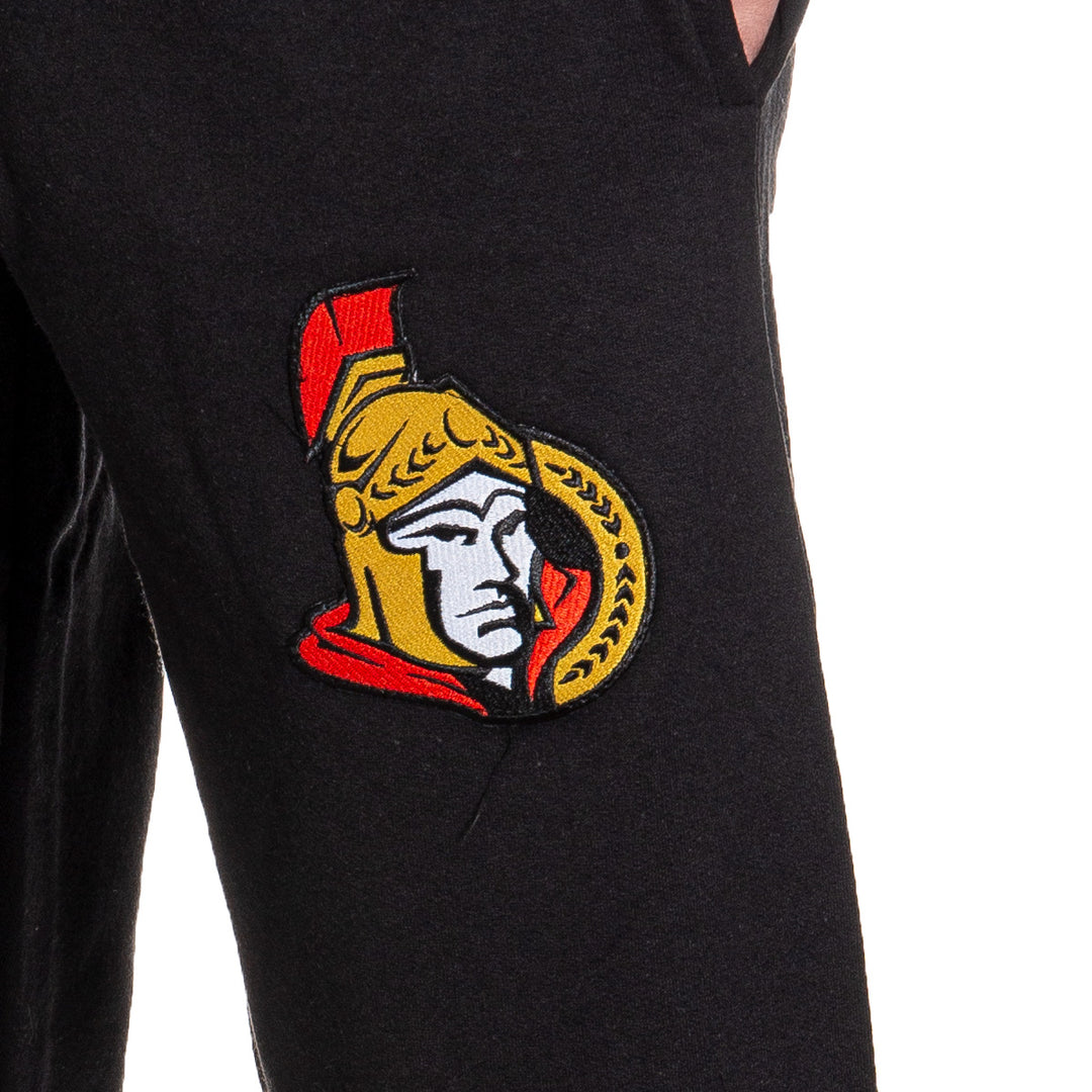 Ottawa Senators Premium Fleece Sweatpants Close Up of Embroidered Logo.