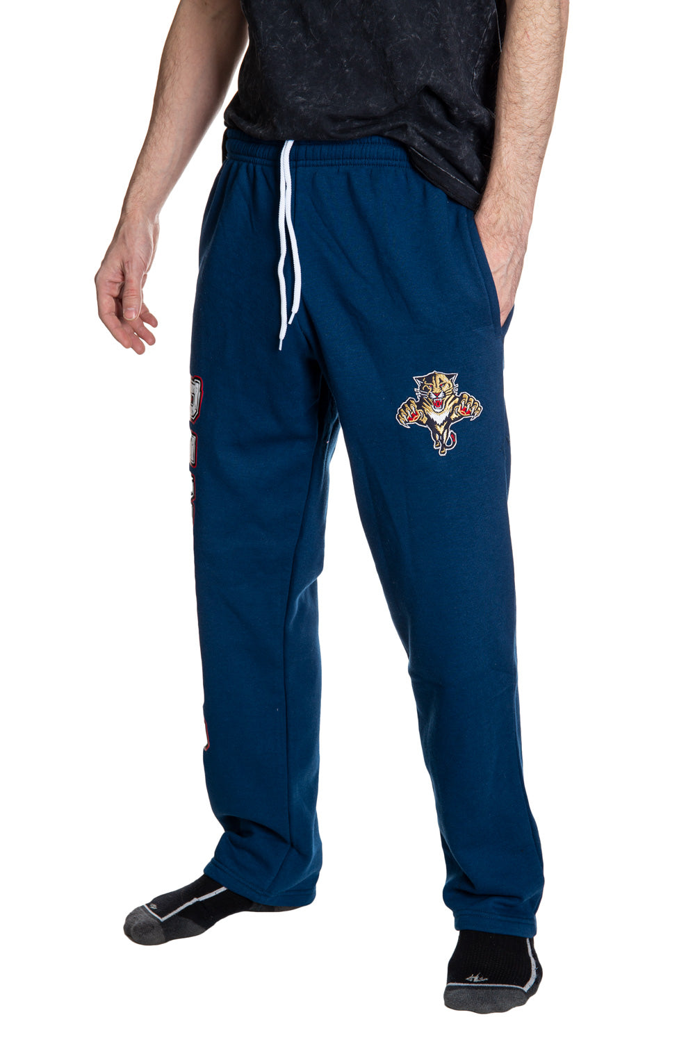 Florida Panthers Premium Fleece Sweatpants Side View of Panthers Logo.