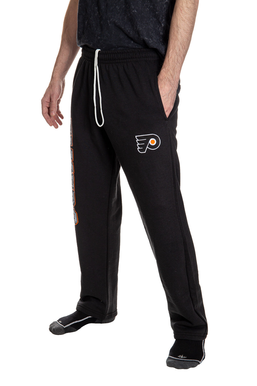 Philadelphia Flyers Premium Fleece Sweatpants Side View of Embroidered Logo.