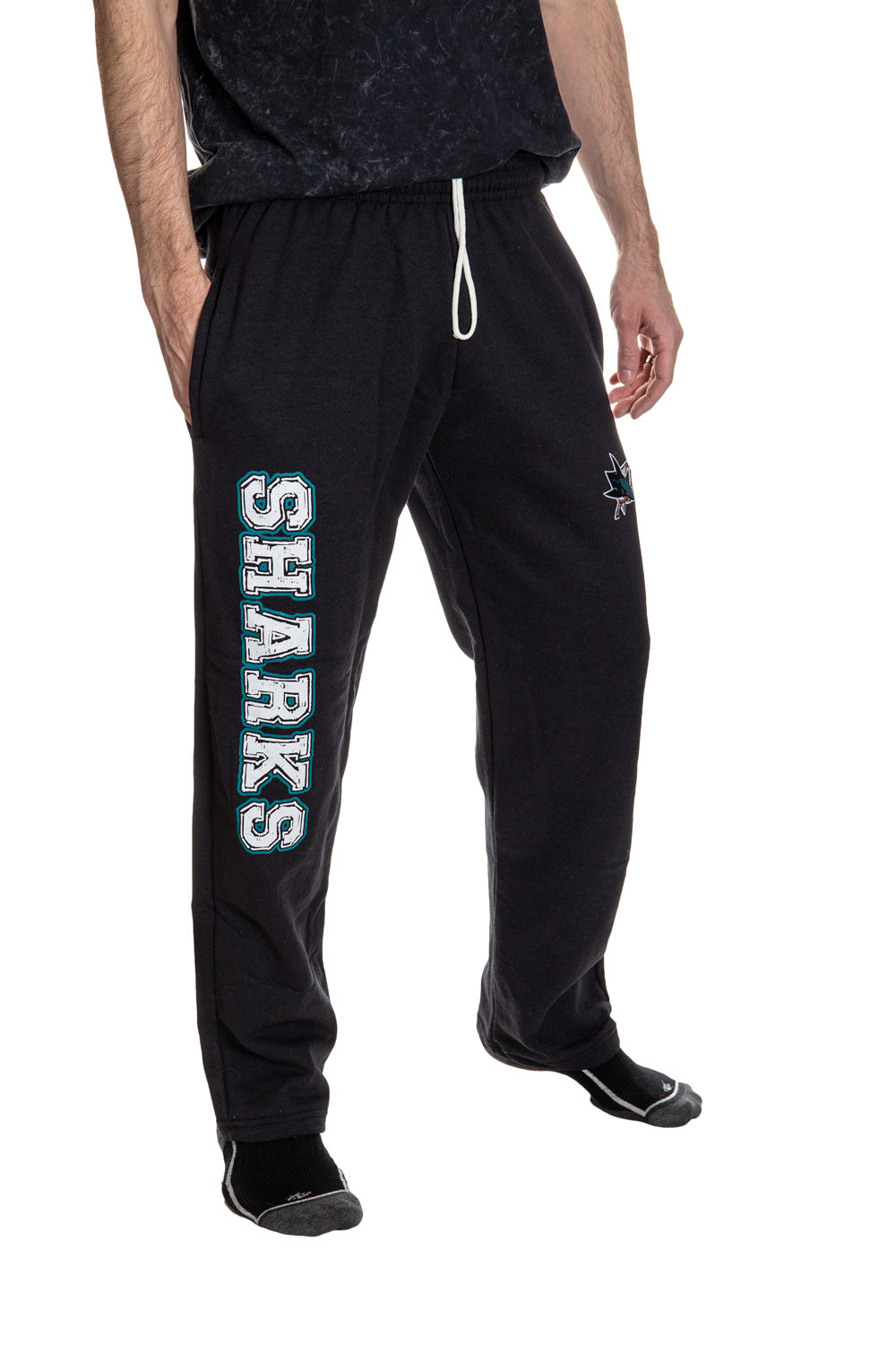 San Jose Sharks Premium Fleece Sweatpants Side View of Sharks Print On Leg.