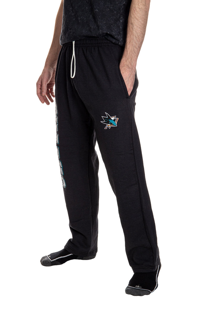 San Jose Sharks Premium Fleece Sweatpants Side View of Embroidered Logo.