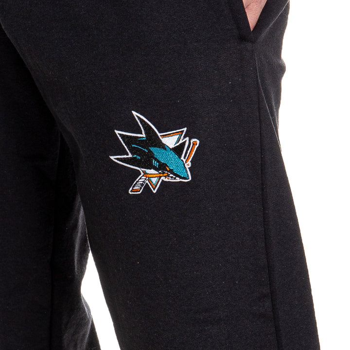 San Jose Sharks Premium Fleece Sweatpants Close Up of Embroidered Logo.