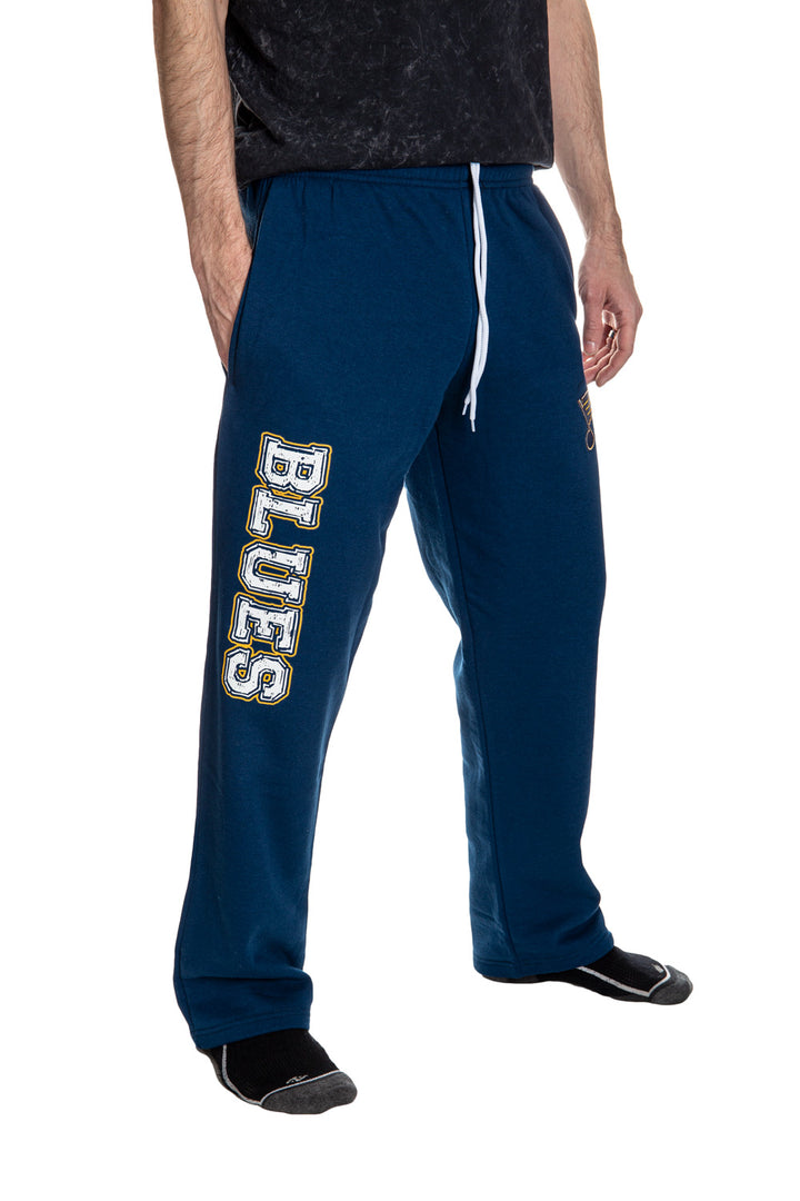 St Louis Blue Premium Fleece Sweatpants Side View of Blues Print.