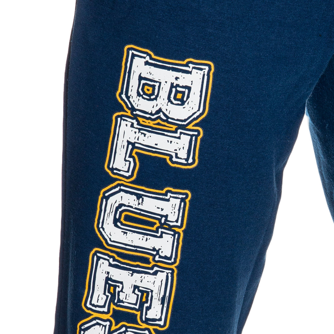 St Louis Blue Premium Fleece Sweatpants Close Up of Blues Print.