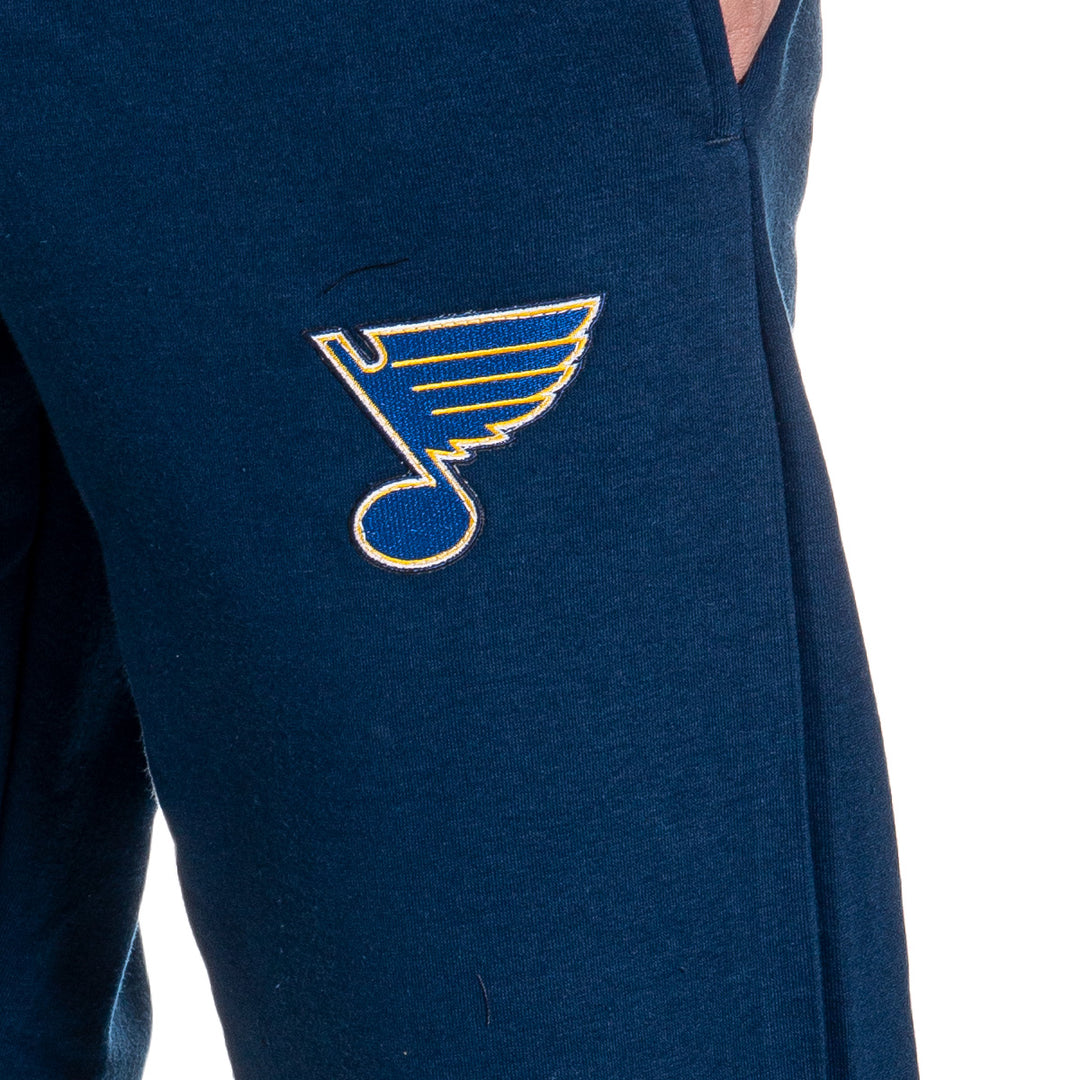 St. Louis Blue Premium Fleece Sweatpants Embroidered Logo Close Up.