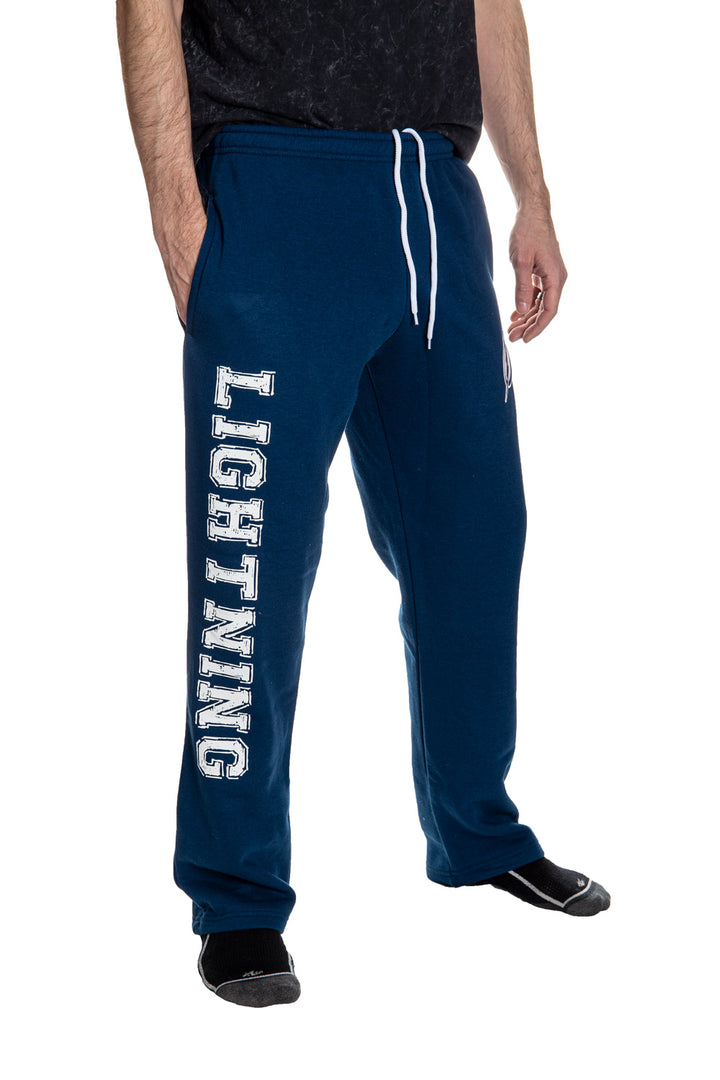 Tampa Bay Lightning Premium Fleece Sweatpants Side View of Lightning Print. 
