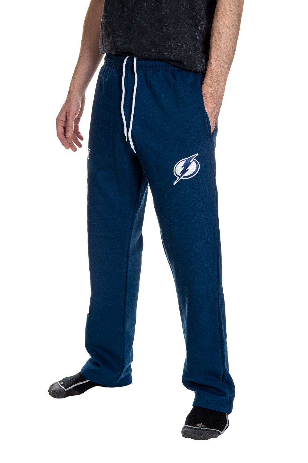 Tampa Bay Lightning Premium Fleece Sweatpants Side View of Embroidered Logo.