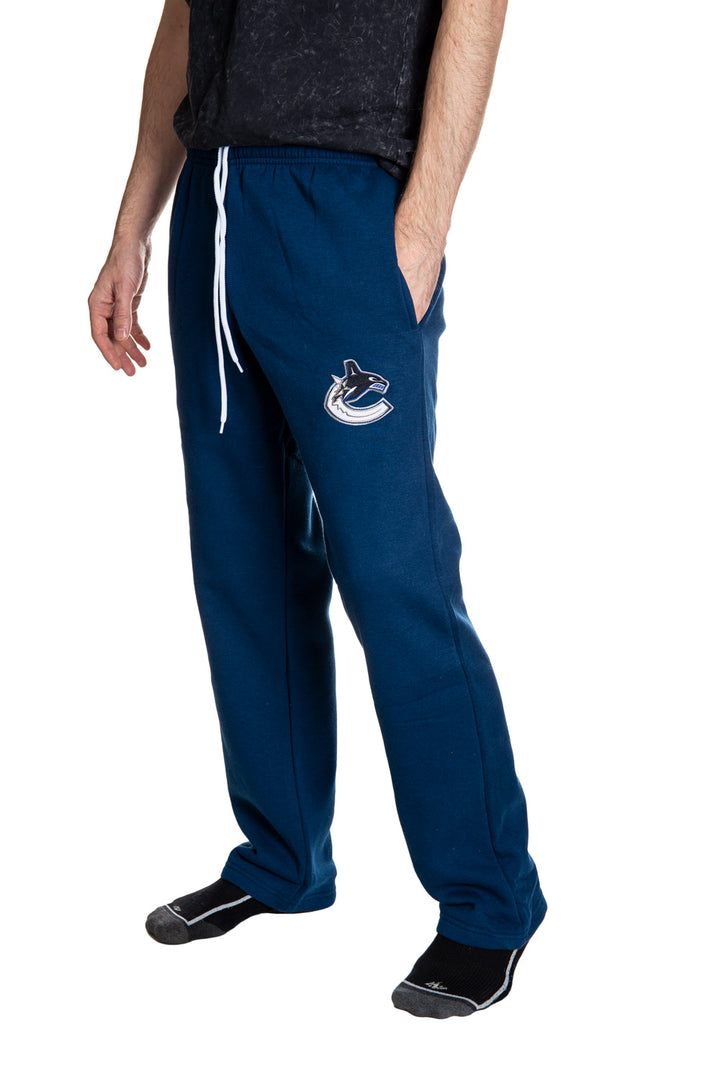 Vancouver Canucks Premium Fleece Sweatpants Side View of Embroidered Logo.