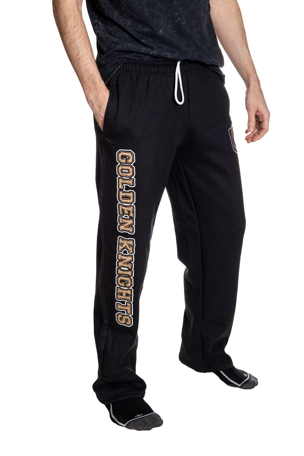 Vegas Golden Knights Premium Fleece Sweatpants Side View of Golden Knights Print.