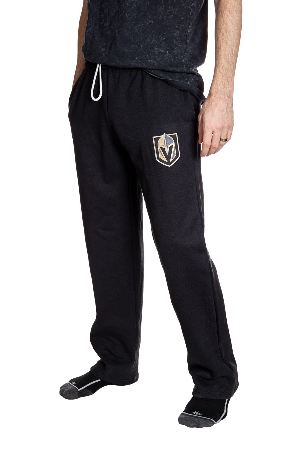 Vegas Golden Knights Premium Fleece Sweatpants Side View of Embroidered Logo.