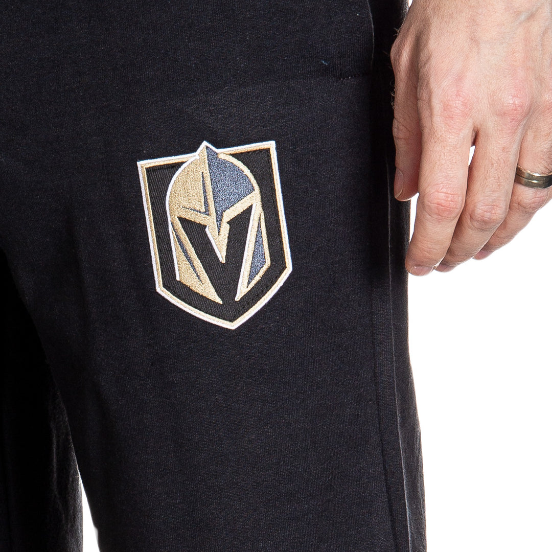 Vegas Golden Knights Premium Fleece Sweatpants Close Up of Embroidered Logo.