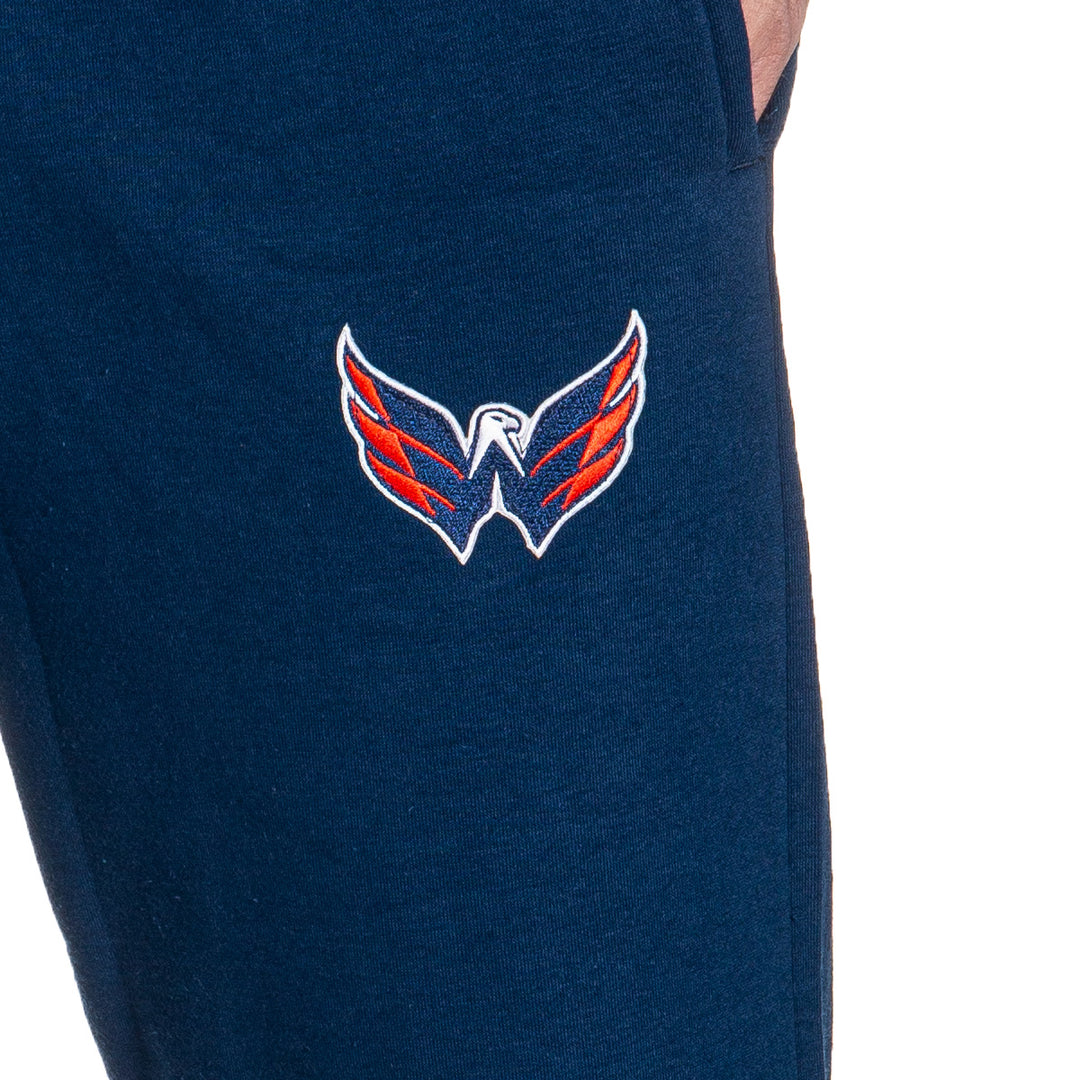 Washington Capitals Premium Fleece Sweatpants Close Up of Embroidered Logo.