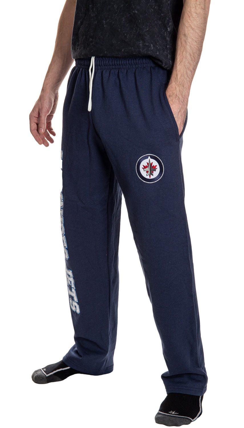 Winnipeg Jets Premium Fleece Sweatpants Side View of Embroidered Logo.