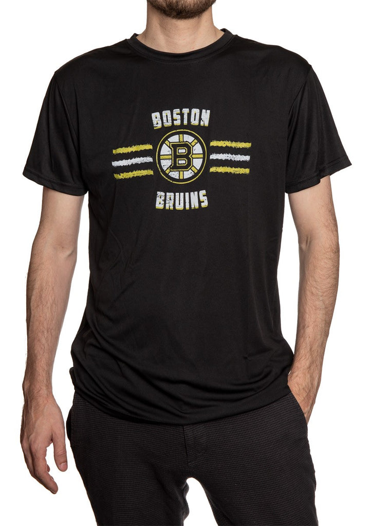 Men's Officially Licensed NHL Distressed Lines Short Sleeve Performance Rashguard Wicking T-Shirt- Boston Bruins Man Wearing T-Shirt With Hand In Pocket