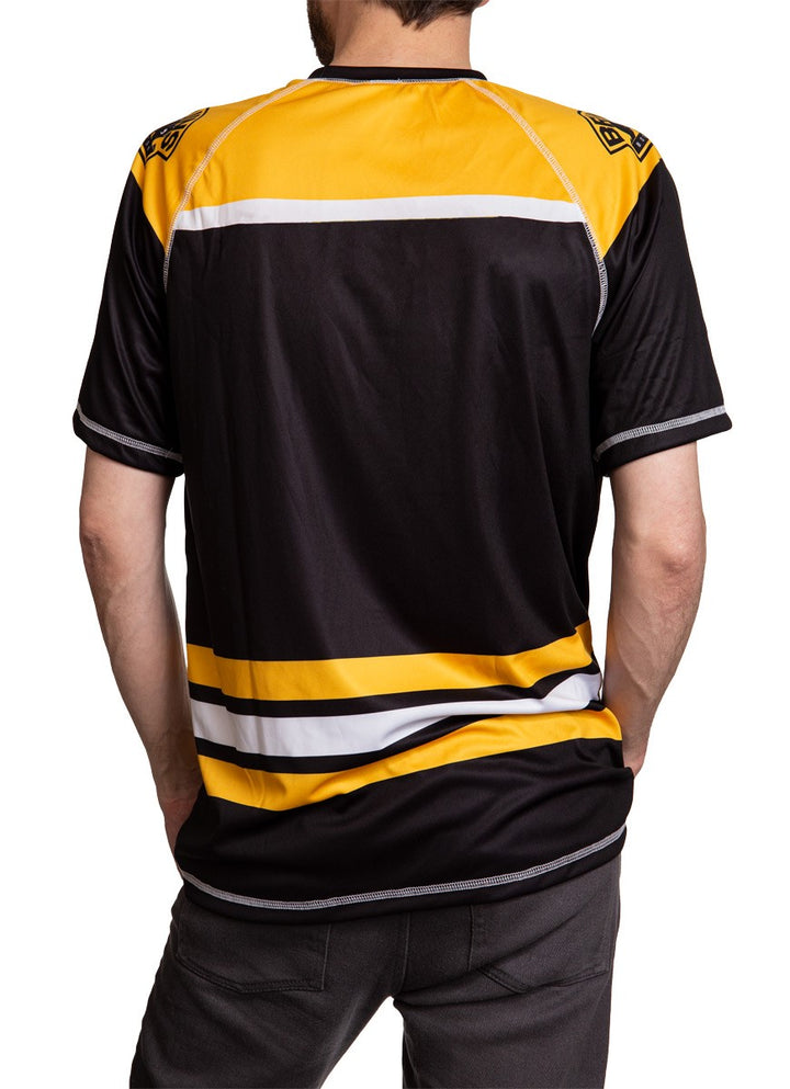 Boston Bruins Game Day Jersey Short Sleeve, Back View. Black and Yellow Print.