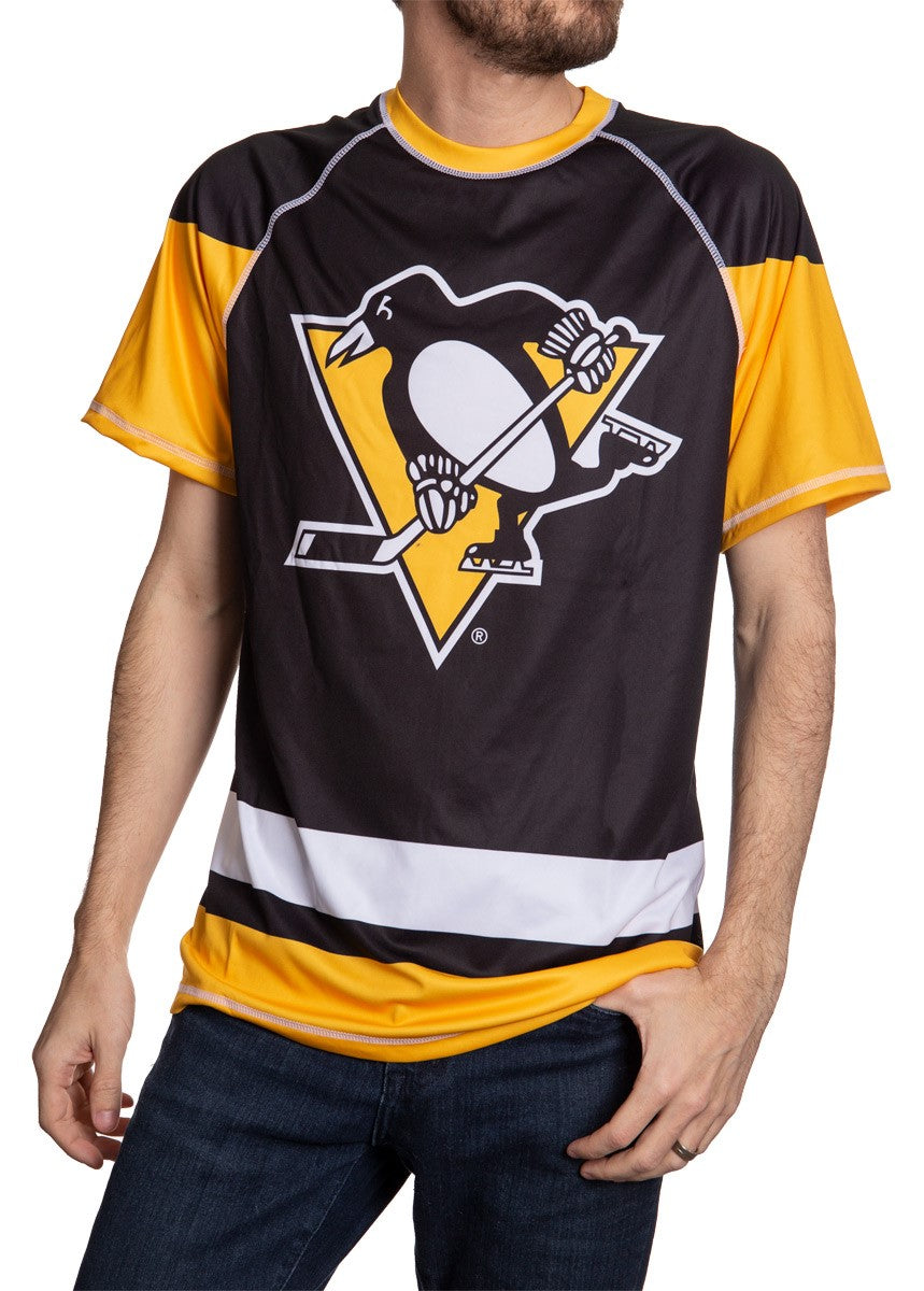 Pittsburgh Penguins Short Sleeve Game Day Jersey Rashguard Front View. Black and Yellow Print.