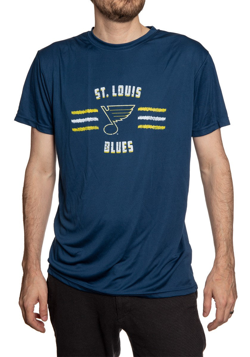 Men's Officially Licensed NHL Distressed Lines Short Sleeve Performance Rashguard Wicking T-Shirt- St. Louis Blues Man Wearing T Shirt