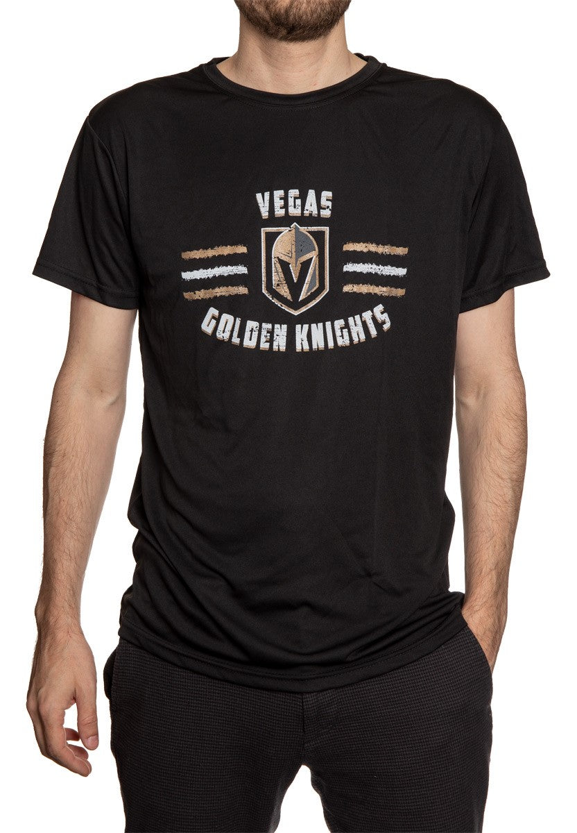 Men's Officially Licensed NHL Distressed Lines Short Sleeve Performance Rashguard Wicking T-Shirt- Vegas Golden Knights Full Length Front Photo Of Man Wearing T Shirt With Hand IN Pocket