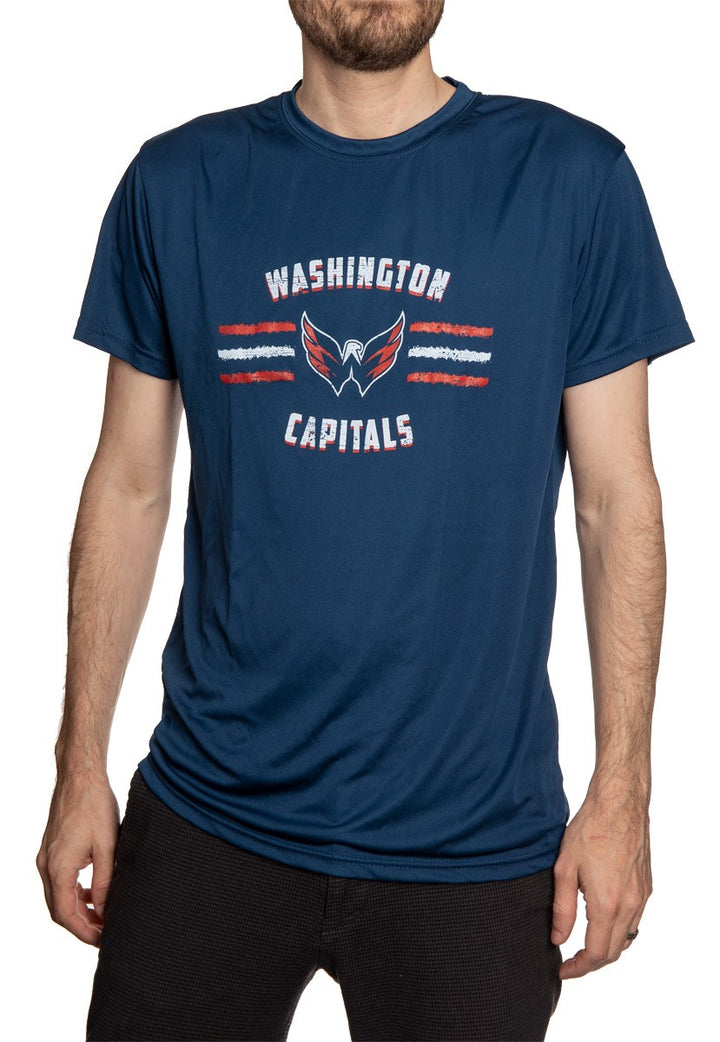Men's Officially Licensed NHL Distressed Lines Short Sleeve Performance Rashguard Wicking T-Shirt- Washington Capitals  Man Wearing T Shirt Full Length Front View Of  T-Shirt