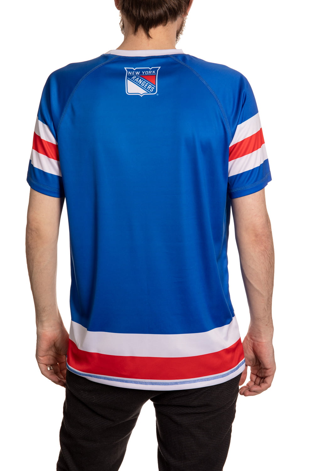 New York Rangers Short Sleeve Rashguard Back View. New York Rangers Logo Printed on Back of Collar.