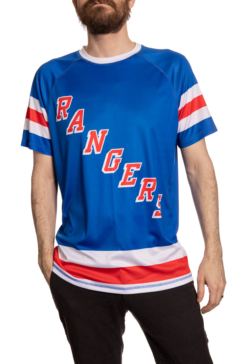 New York Rangers Short Sleeve Rashguard Front View. Blue Shirt With White and Red Accents.