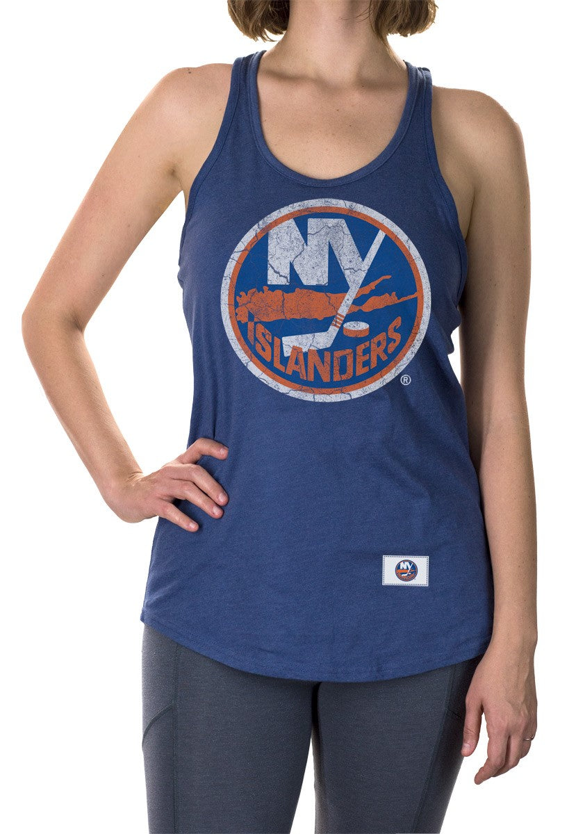 New York Islanders Distressed Flowy Tank Top Front View. Blue Shirt, Distressed Logo In Middle of Chest.