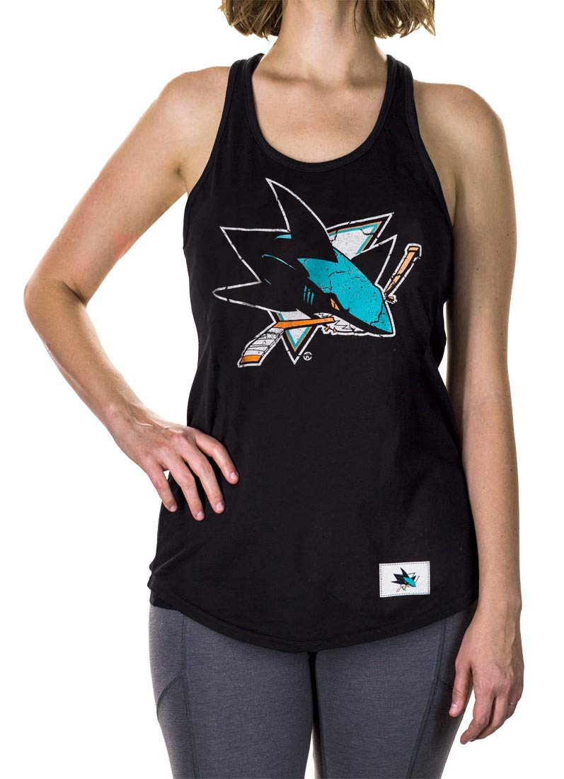 San Jose Sharks Distressed Flowy Tank Top for Wome, Front View Black Top.