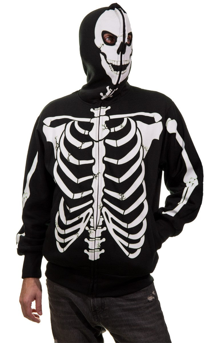 Men's Glow in The Dark Skeleton Costume Zip Hoodie front view full zip up covering face