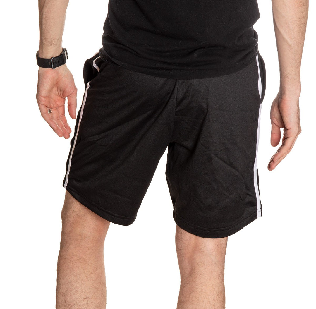 NHL Mens Official Team Two-Stripe Shorts- San Jose Sharks Full Length Back View Of Man Wearing Shorts